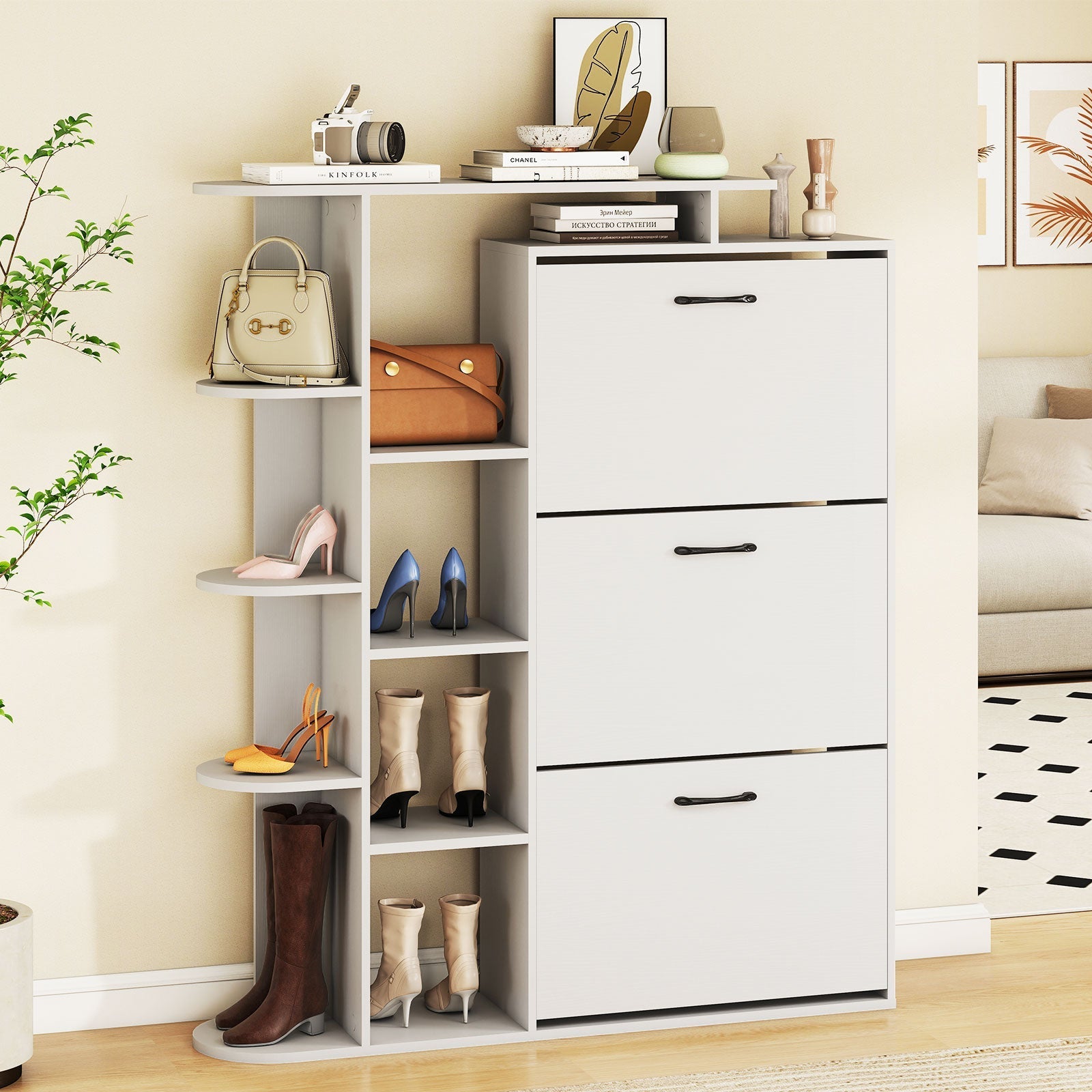 Shoe Cabinet with Open Shelves Modern Shoe Organizer with 3 Flip Drawers