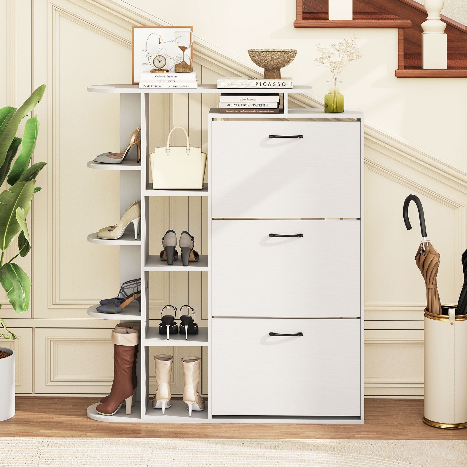 Shoe Cabinet with Open Shelves Modern Shoe Organizer with 3 Flip Drawers