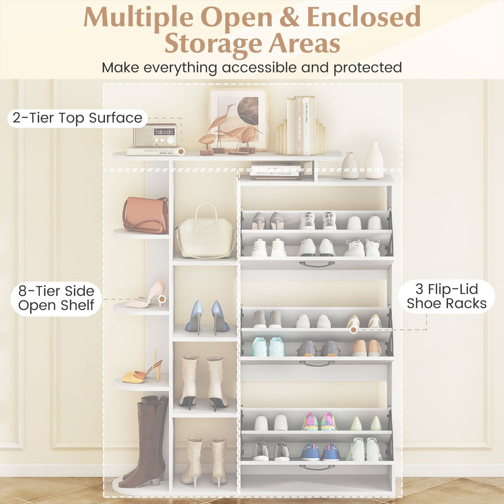 Shoe Cabinet with Open Shelves Modern Shoe Organizer with 3 Flip Drawers