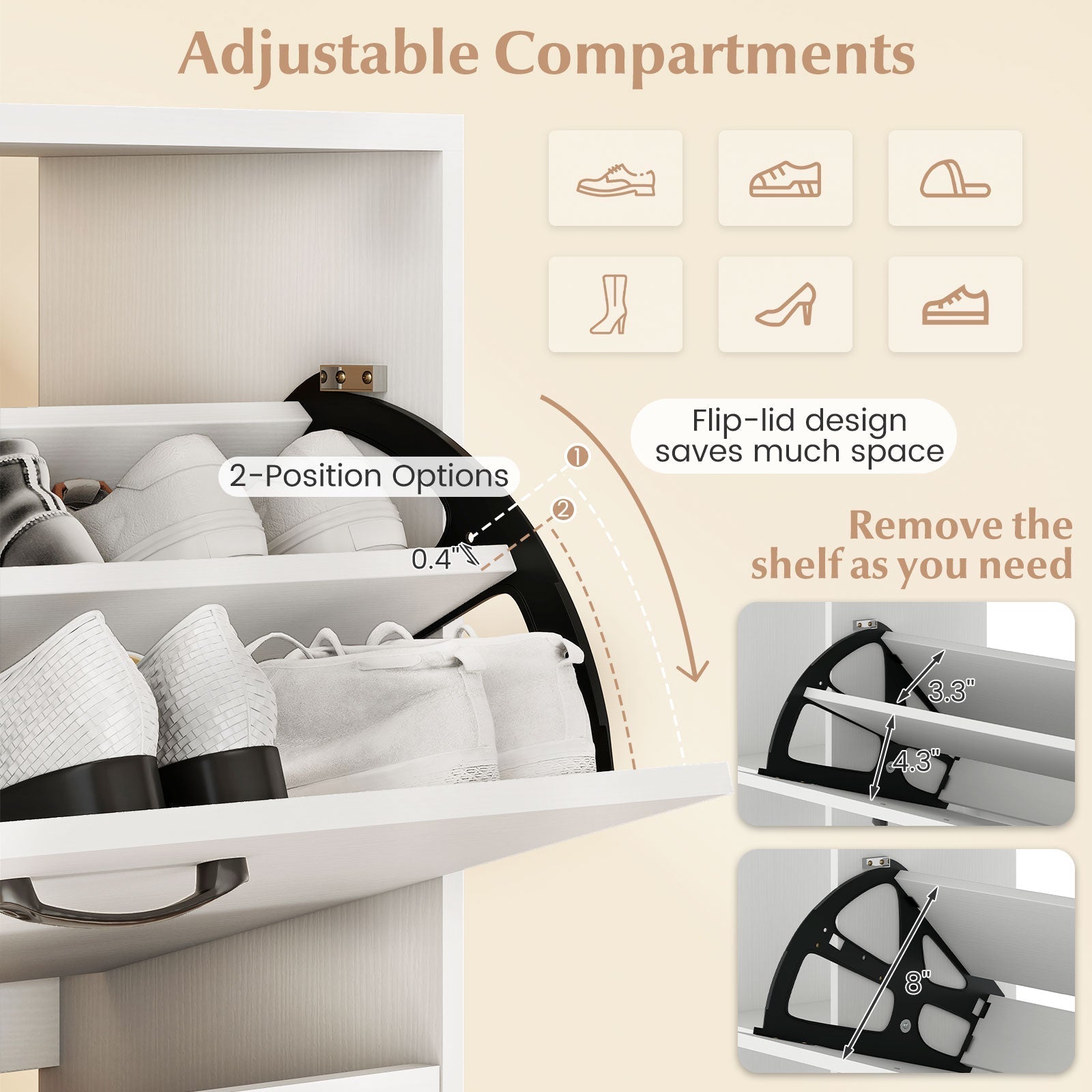 Shoe Cabinet with Open Shelves Modern Shoe Organizer with 3 Flip Drawers