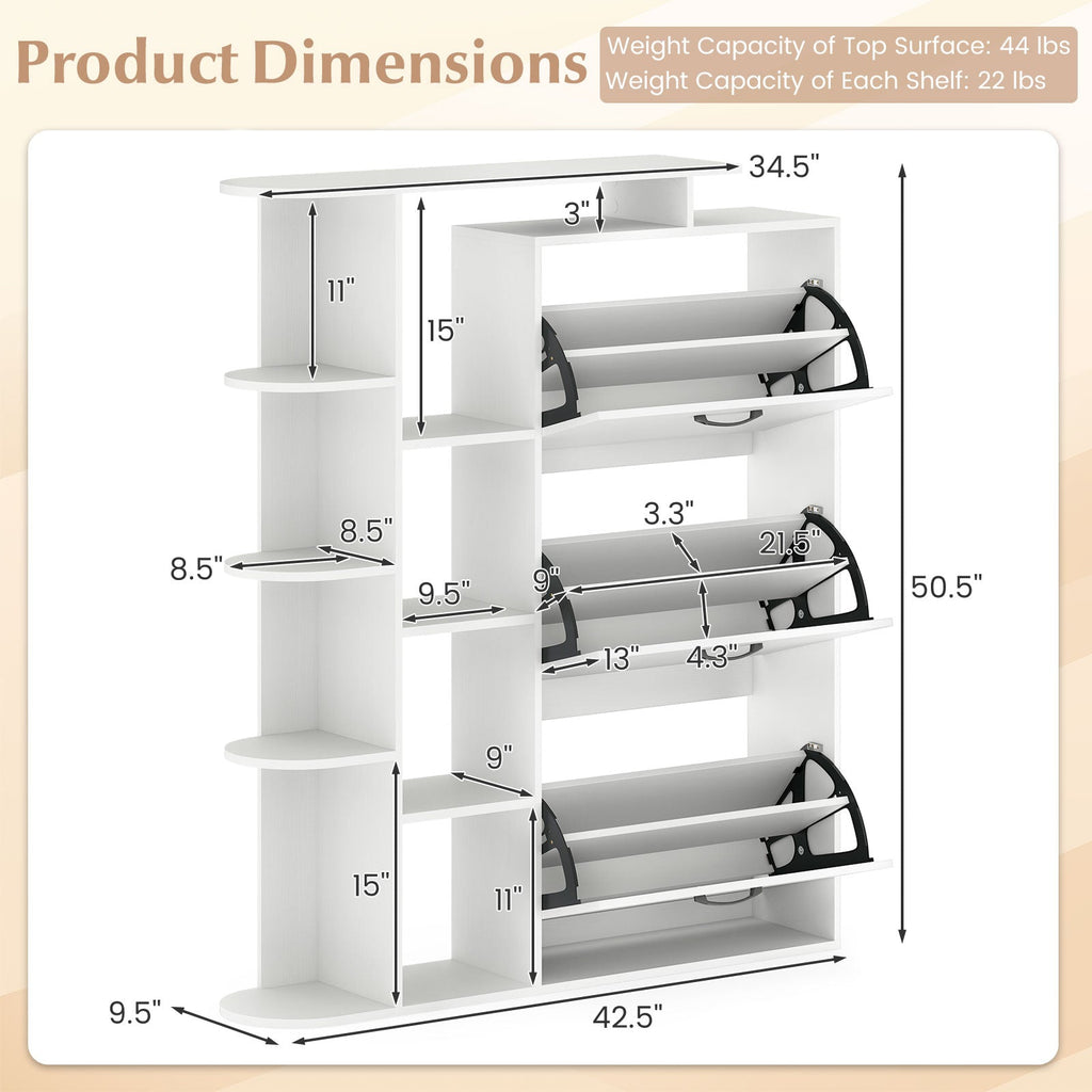 Shoe Cabinet with Open Shelves Modern Shoe Organizer with 3 Flip Drawers