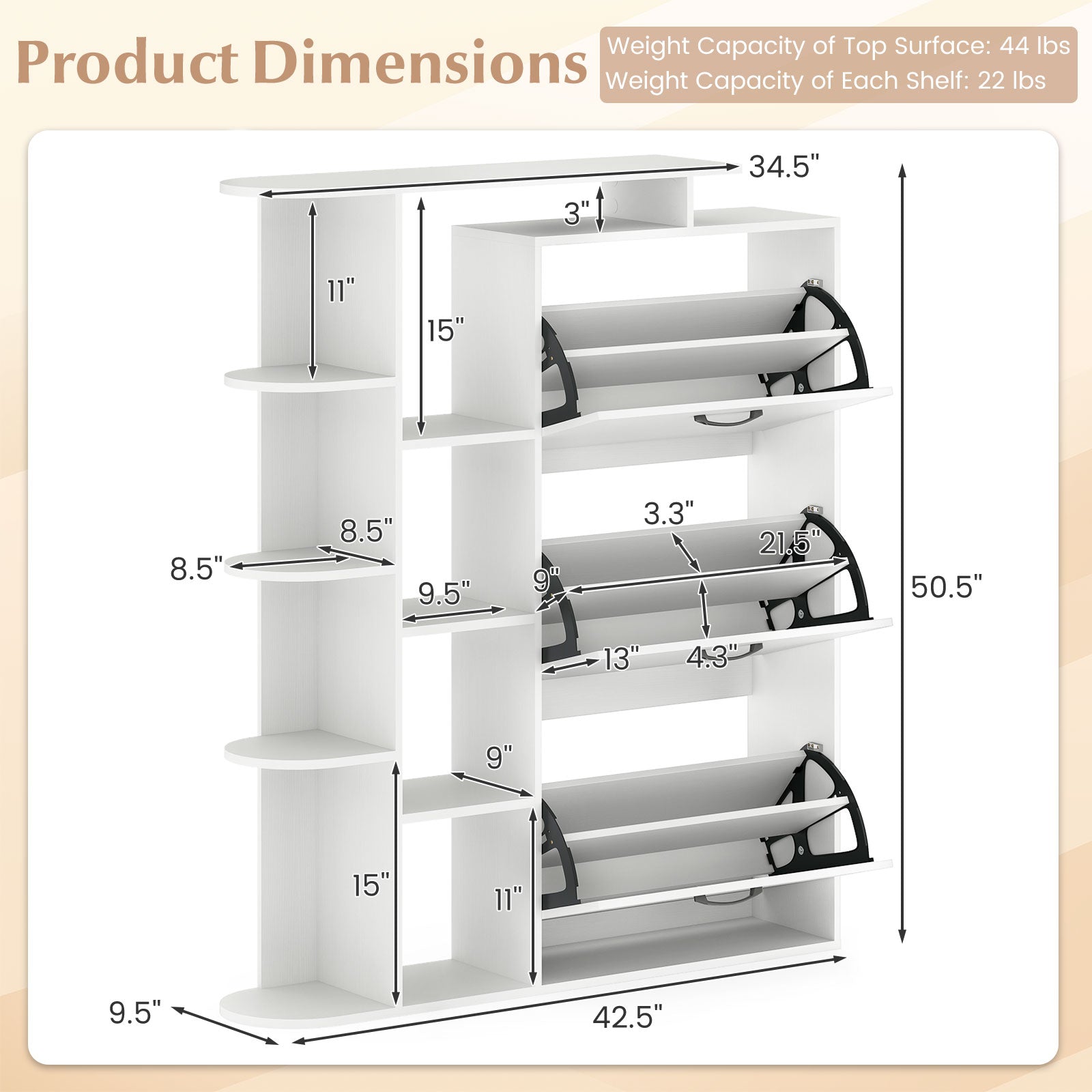 Shoe Cabinet with Open Shelves Modern Shoe Organizer with 3 Flip Drawers