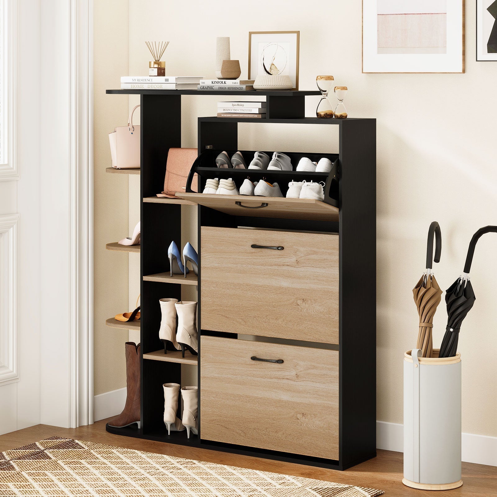 Shoe Cabinet with Open Shelves Modern Shoe Organizer with 3 Flip Drawers