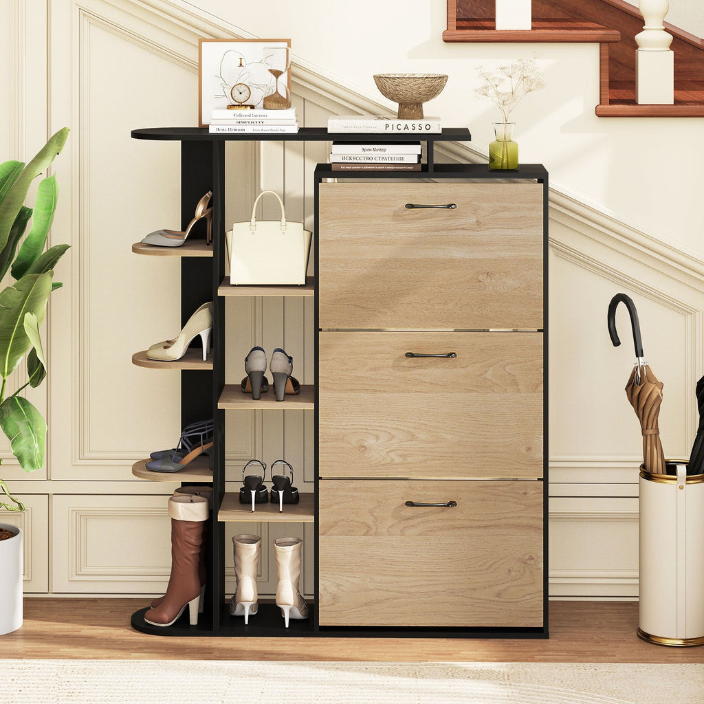 Shoe Cabinet with Open Shelves Modern Shoe Organizer with 3 Flip Drawers