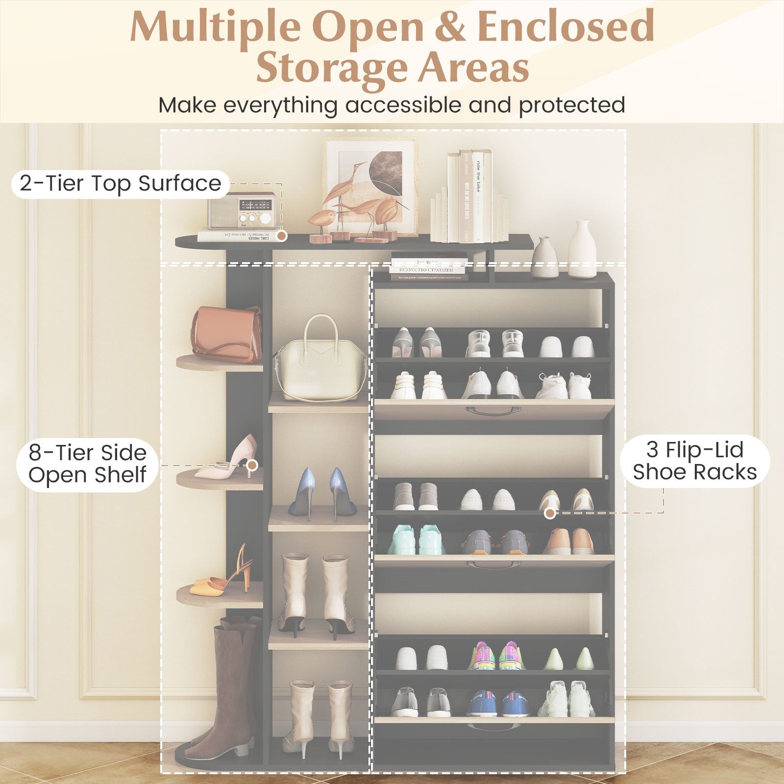 Shoe Cabinet with Open Shelves Modern Shoe Organizer with 3 Flip Drawers