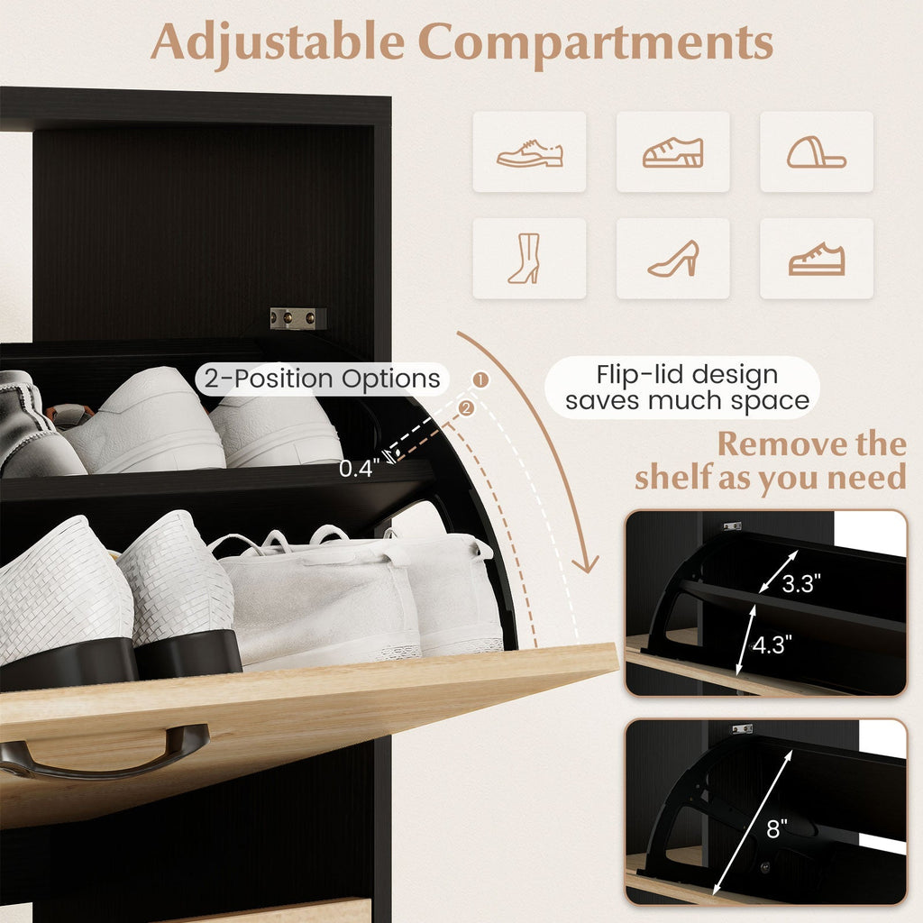 Shoe Cabinet with Open Shelves Modern Shoe Organizer with 3 Flip Drawers