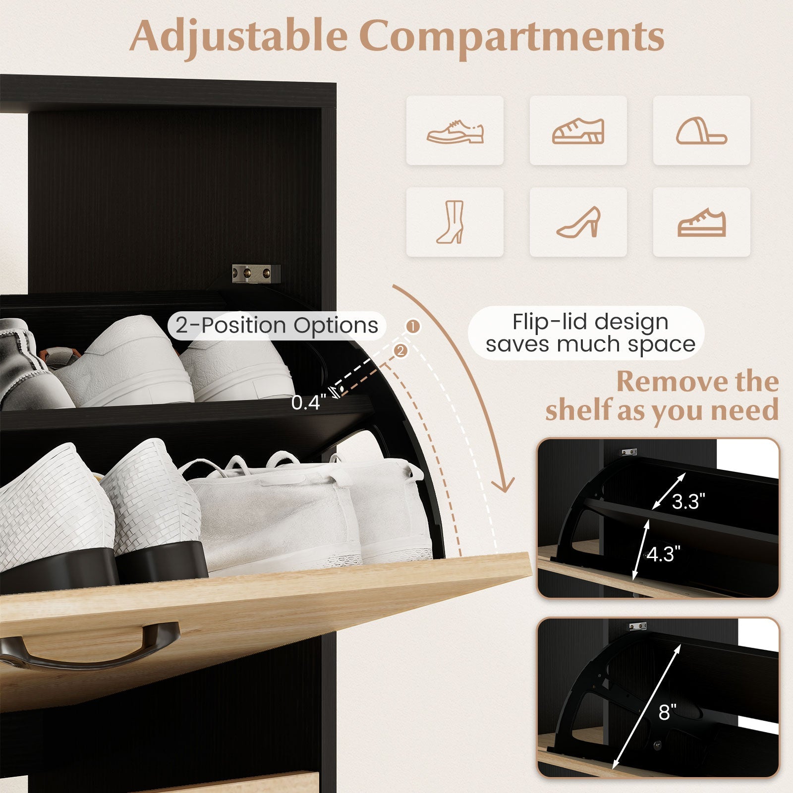 Shoe Cabinet with Open Shelves Modern Shoe Organizer with 3 Flip Drawers