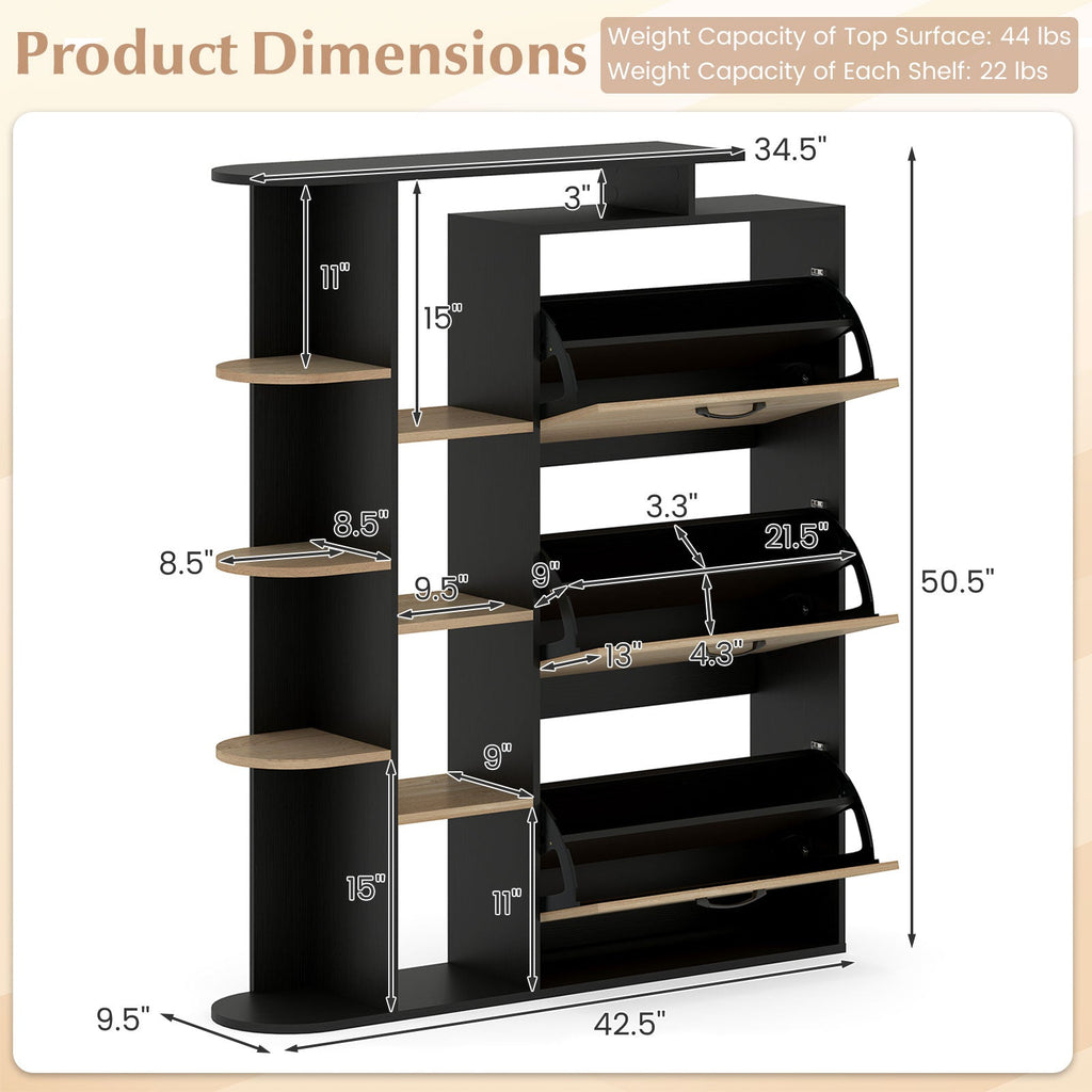Shoe Cabinet with Open Shelves Modern Shoe Organizer with 3 Flip Drawers