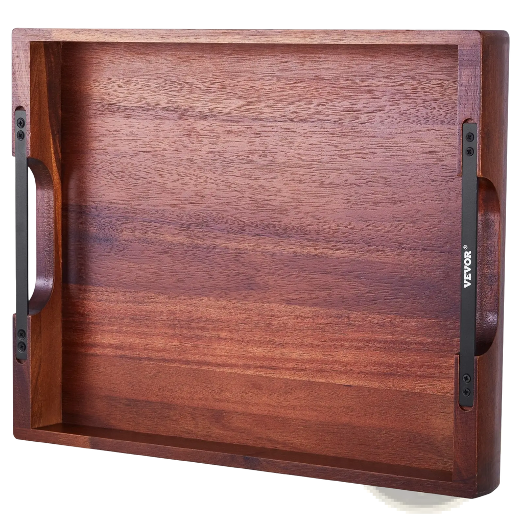 Acacia Wood Serving Tray with Black Metal Handles