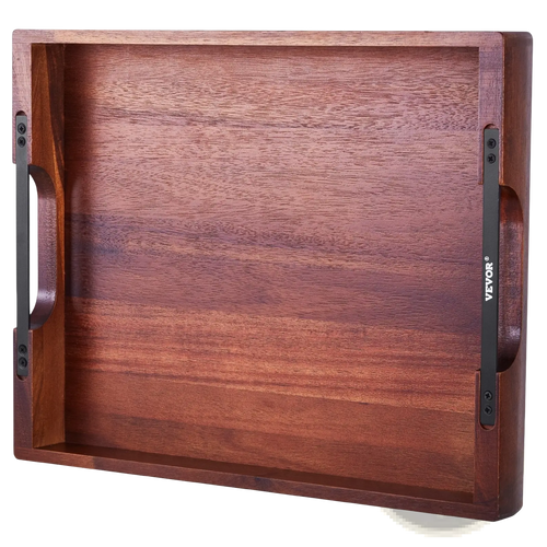 Acacia Wood Serving Tray with Black Metal Handles
