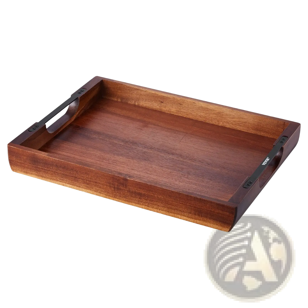 Acacia Wood Serving Tray with Black Metal Handles