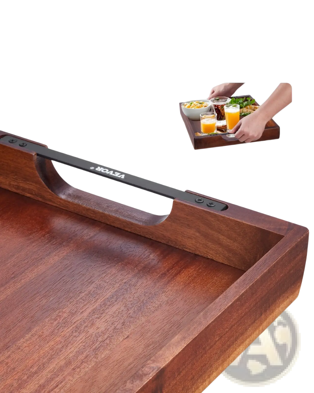 Acacia Wood Serving Tray with Black Metal Handles