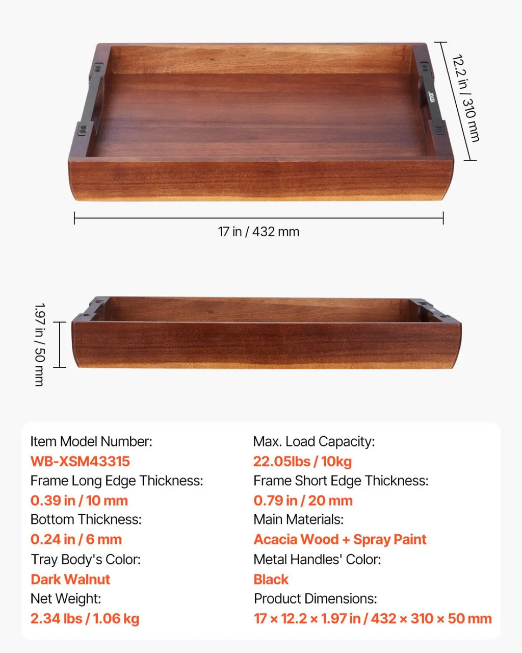 Acacia Wood Serving Tray with Black Metal Handles
