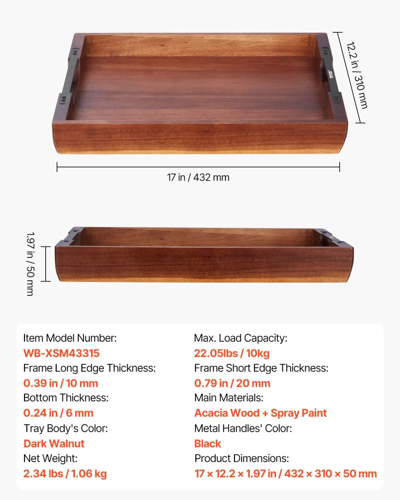 Acacia Wood Serving Tray with Black Metal Handles