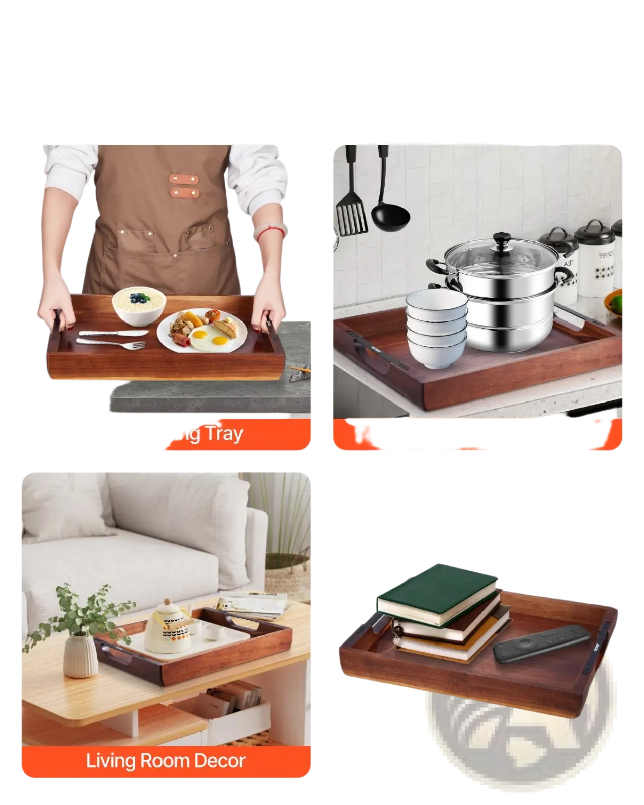 Acacia Wood Serving Tray with Black Metal Handles