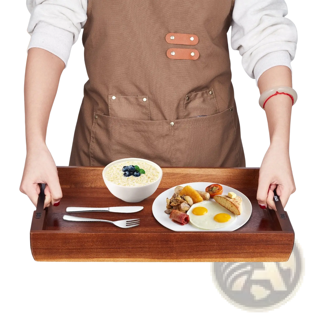 Acacia Wood Serving Tray with Black Metal Handles