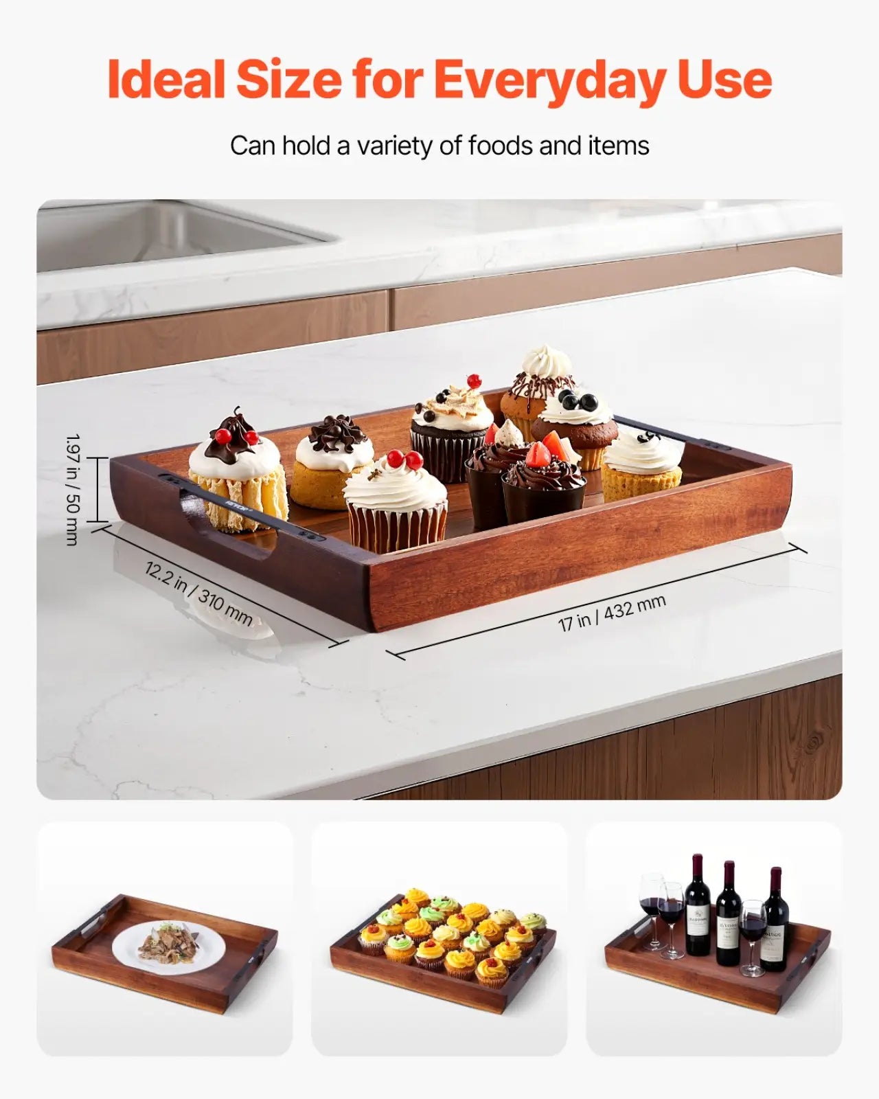 Acacia Wood Serving Tray with Black Metal Handles
