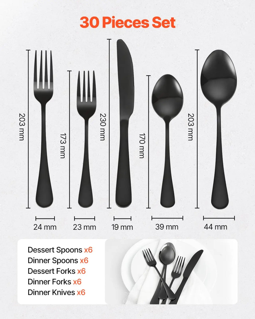 Black Silverware Set 30 Piece Stainless Steel for 6