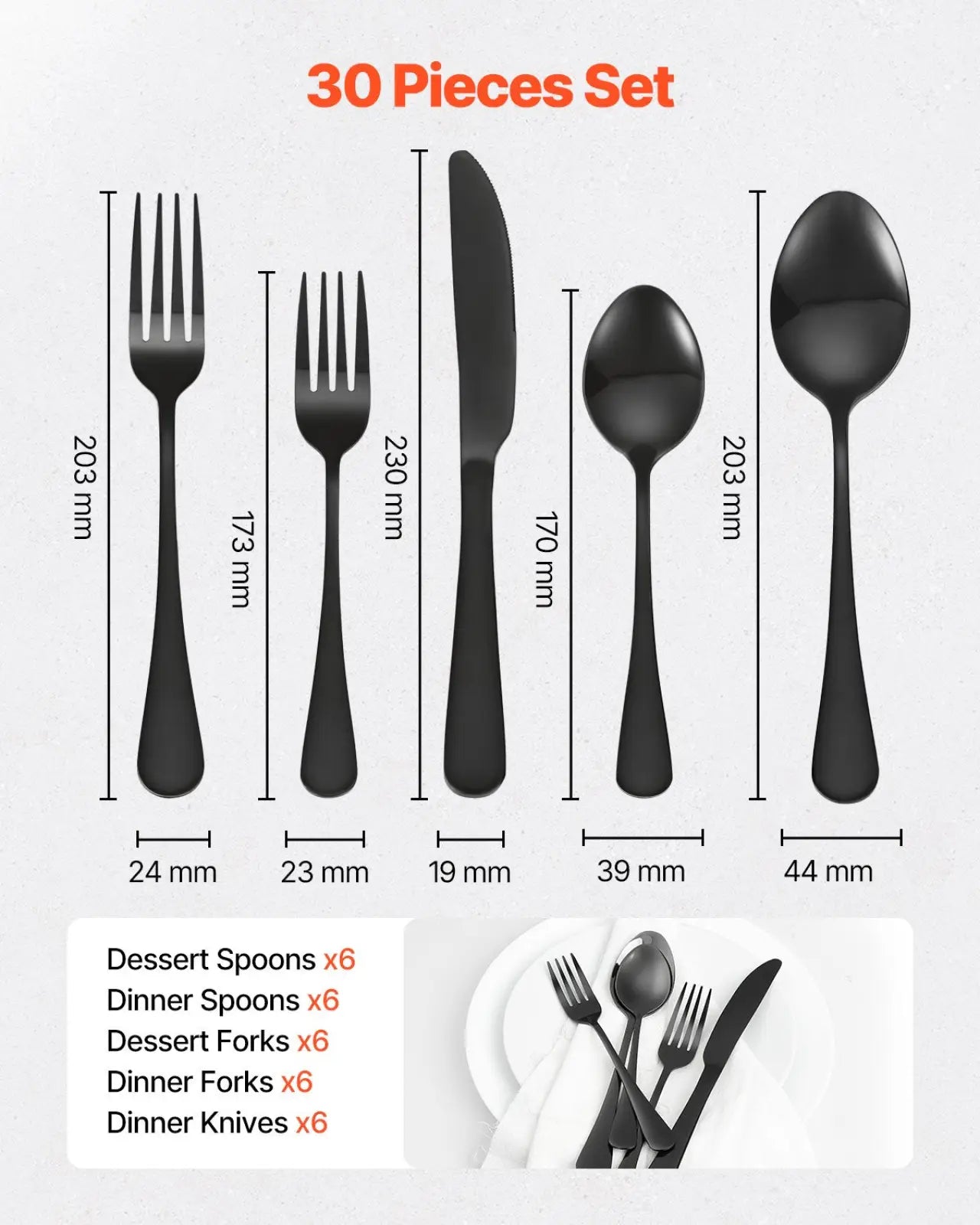 Black Silverware Set 30 Piece Stainless Steel for 6