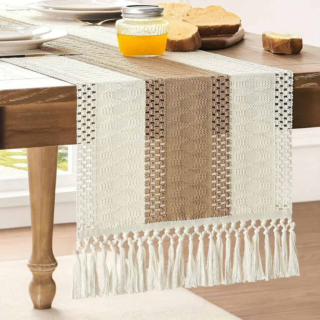 Bohemian Chic Table Runner, 1pc Farmhouse Rustic Cream Brown Design | Macrame Crochet Polyester with Tassels - Infuses Boho Flair for Dining Room, Bedroom, Living Room Decor