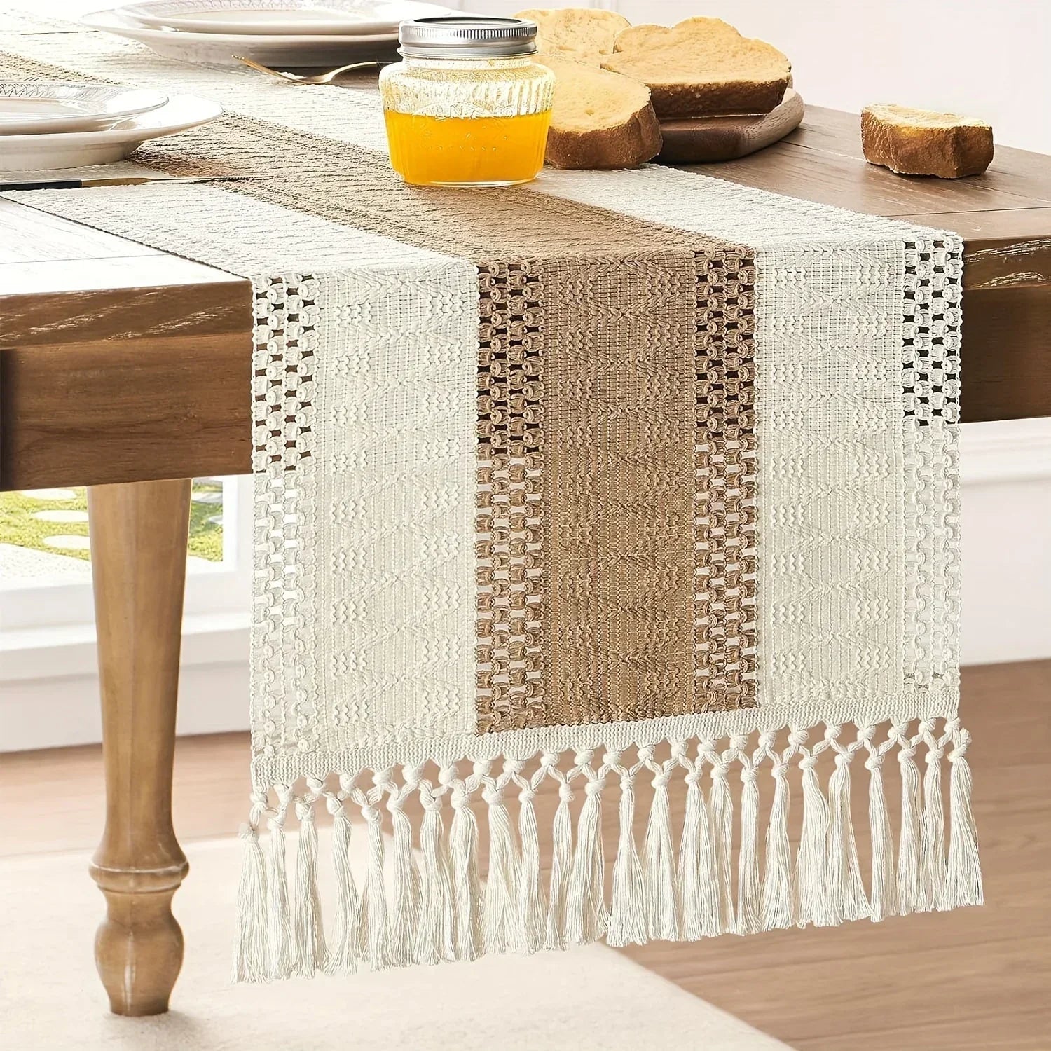Bohemian Chic Table Runner, 1pc Farmhouse Rustic Cream Brown Design | Macrame Crochet Polyester with Tassels - Infuses Boho Flair for Dining Room, Bedroom, Living Room Decor