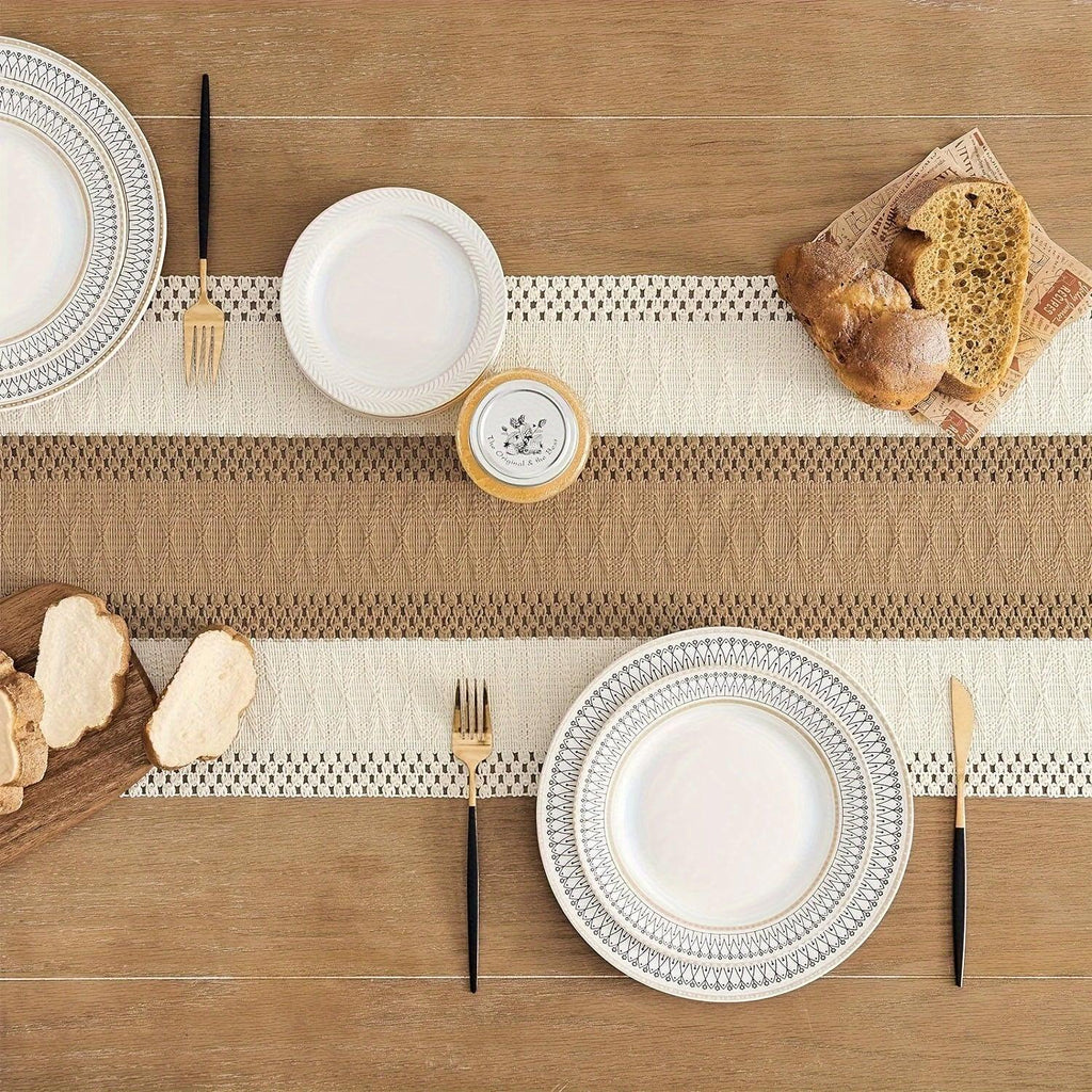 Bohemian Chic Table Runner, 1pc Farmhouse Rustic Cream Brown Design | Macrame Crochet Polyester with Tassels - Infuses Boho Flair for Dining Room, Bedroom, Living Room Decor