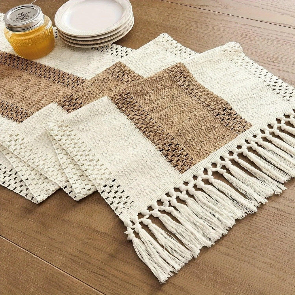 Bohemian Chic Table Runner, 1pc Farmhouse Rustic Cream Brown Design | Macrame Crochet Polyester with Tassels - Infuses Boho Flair for Dining Room, Bedroom, Living Room Decor