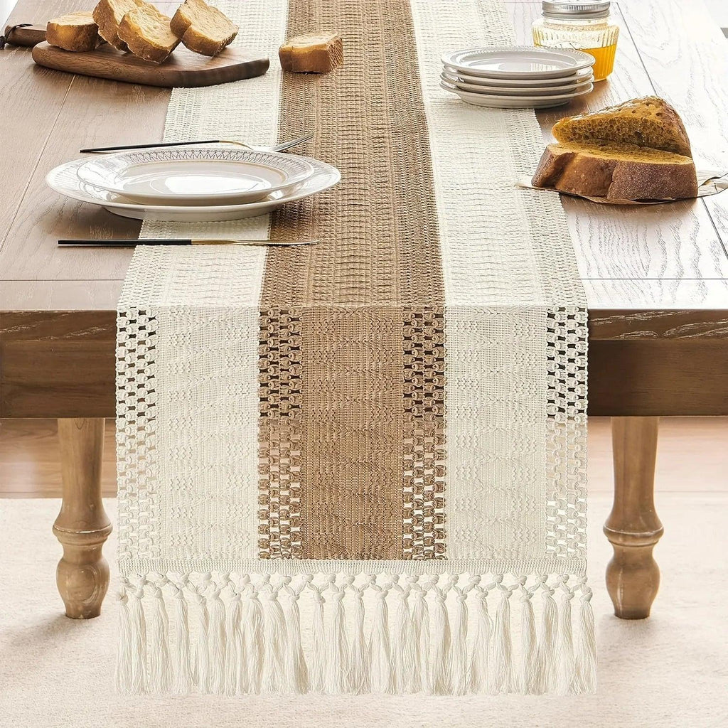 Bohemian Chic Table Runner, 1pc Farmhouse Rustic Cream Brown Design | Macrame Crochet Polyester with Tassels - Infuses Boho Flair for Dining Room, Bedroom, Living Room Decor