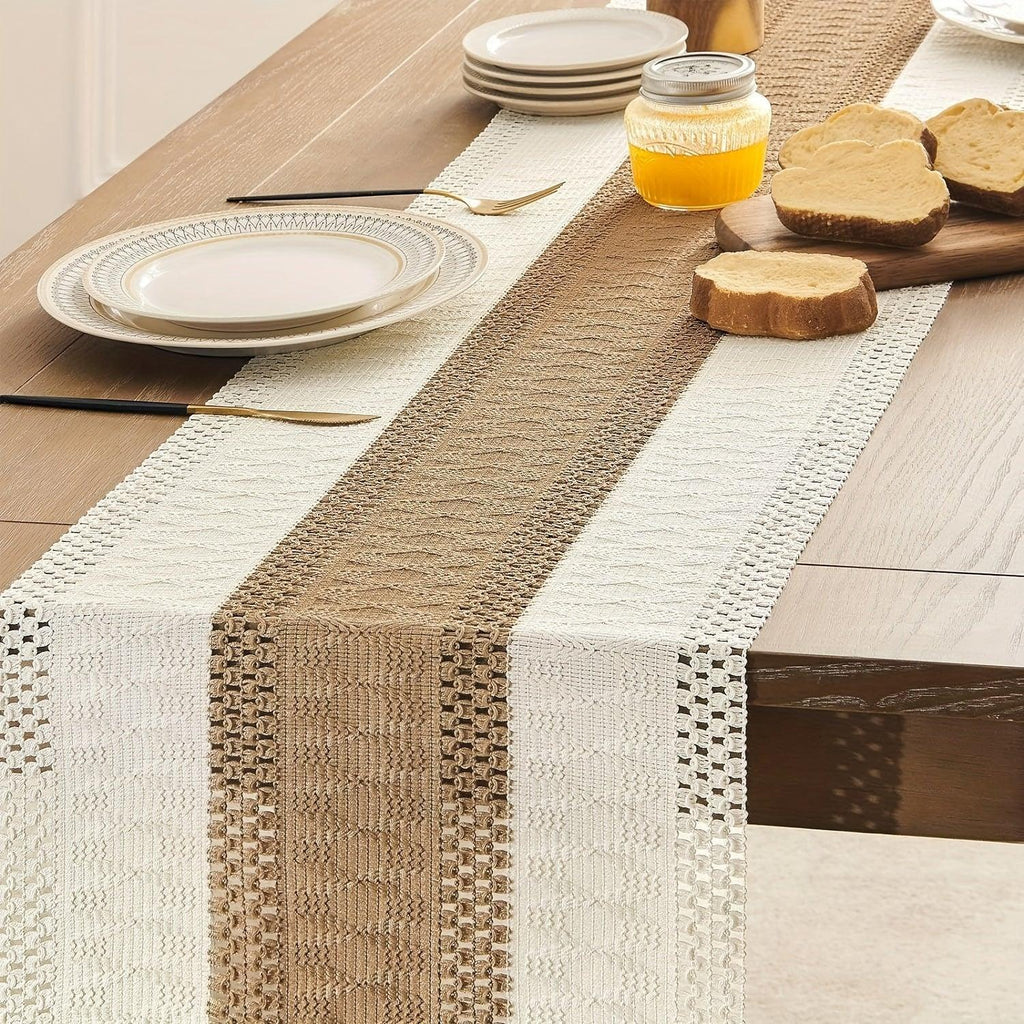 Bohemian Chic Table Runner, 1pc Farmhouse Rustic Cream Brown Design | Macrame Crochet Polyester with Tassels - Infuses Boho Flair for Dining Room, Bedroom, Living Room Decor