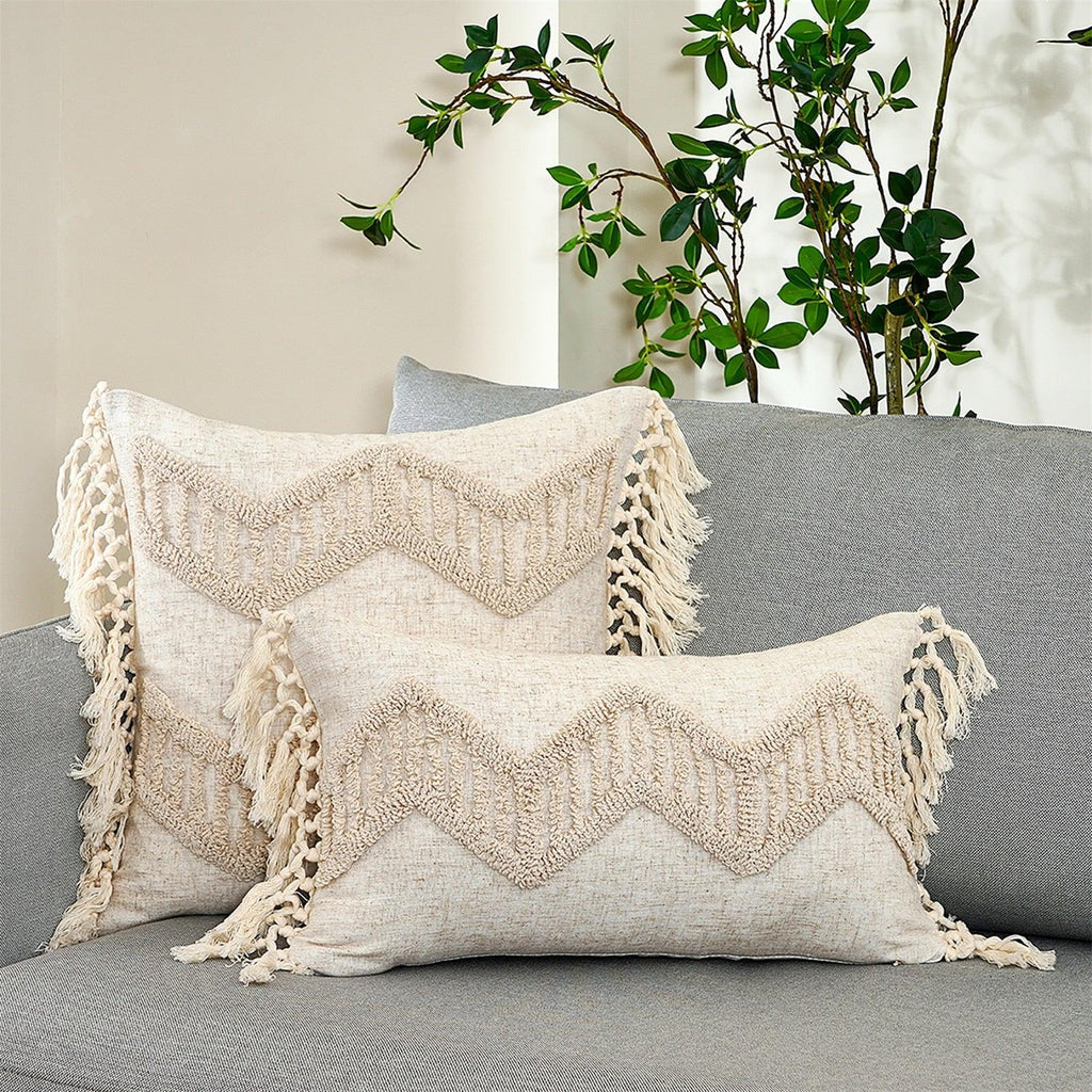 Cushion Cover Cotton Linen Pillowcase Tufted Beige Hand-Woven Throw Pillow Covers