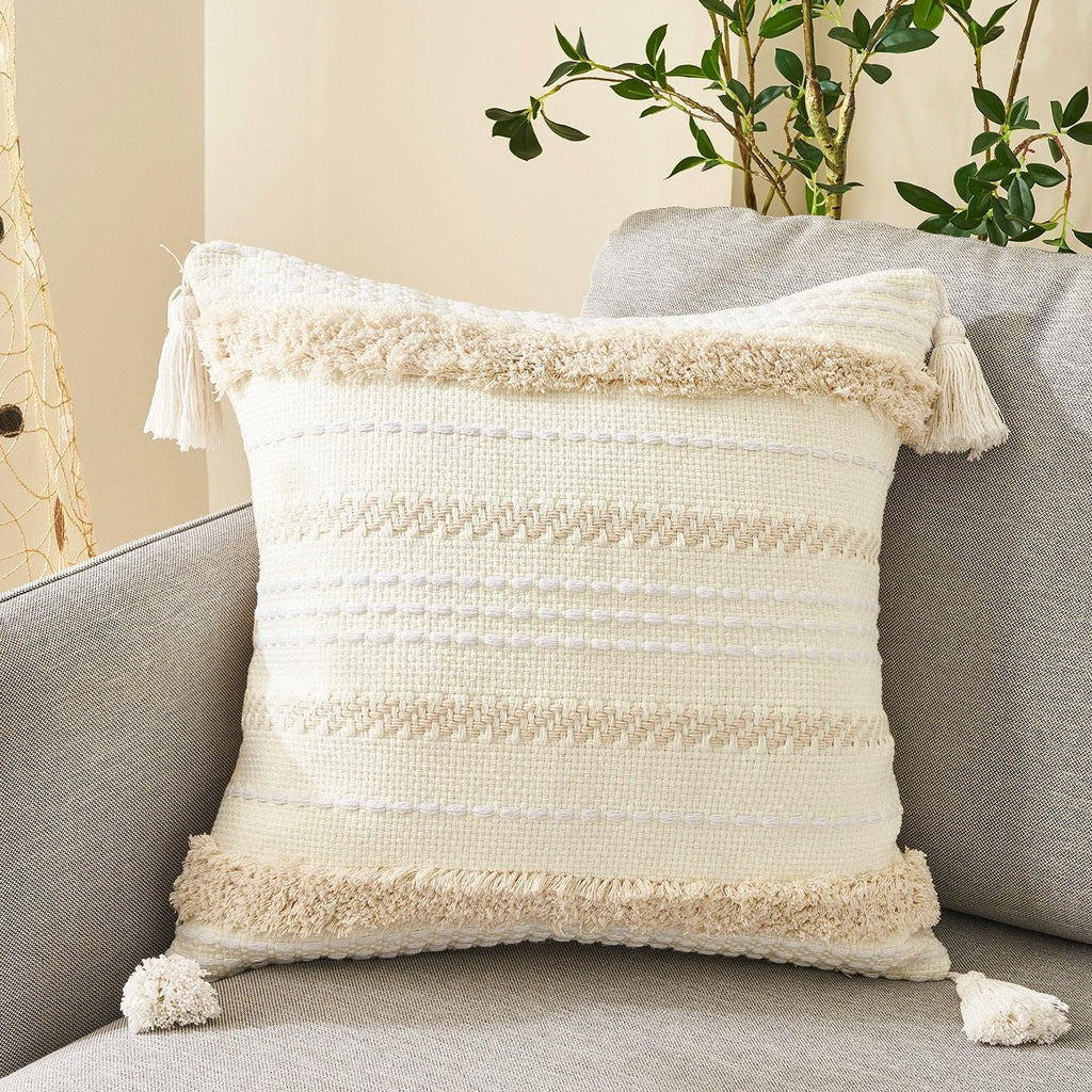 Cushion Cover Cotton Linen Pillowcase Tufted Beige Hand-Woven Throw Pillow Covers