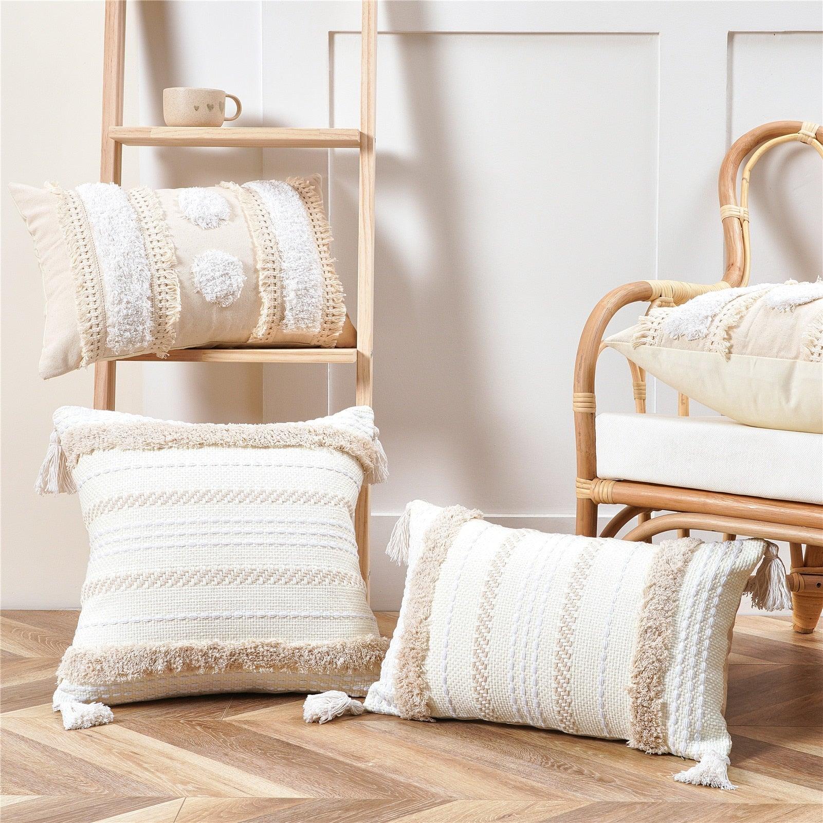 Cushion Cover Cotton Linen Pillowcase Tufted Beige Hand-Woven Throw Pillow Covers