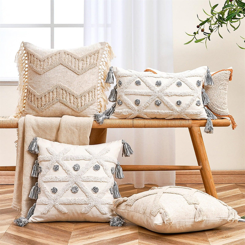 Cushion Cover Cotton Linen Pillowcase Tufted Beige Hand-Woven Throw Pillow Covers