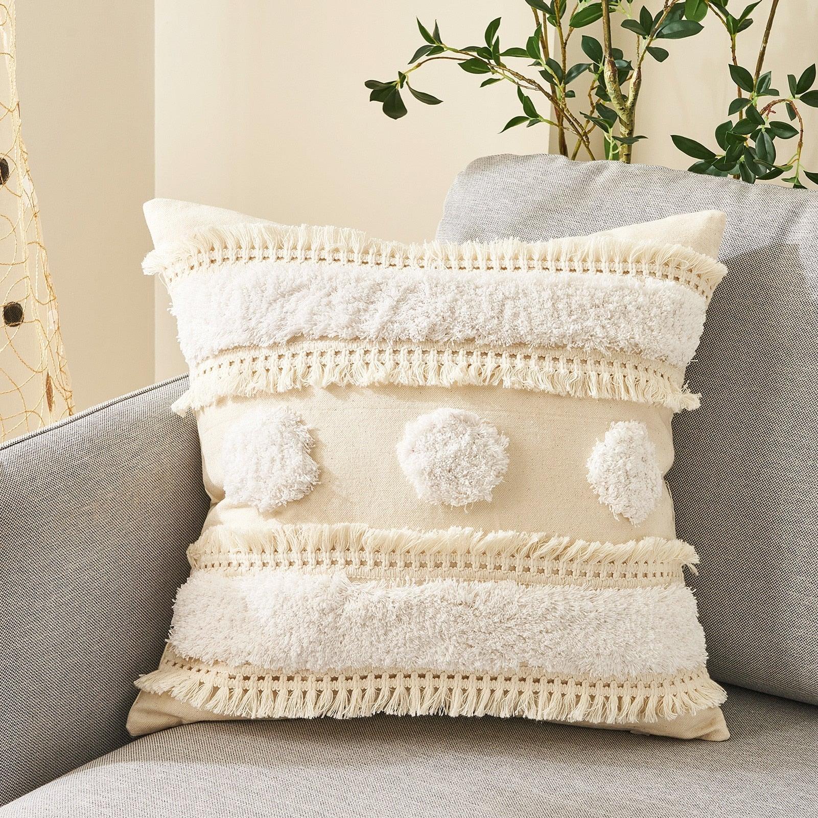 Cushion Cover Cotton Linen Pillowcase Tufted Beige Hand-Woven Throw Pillow Covers