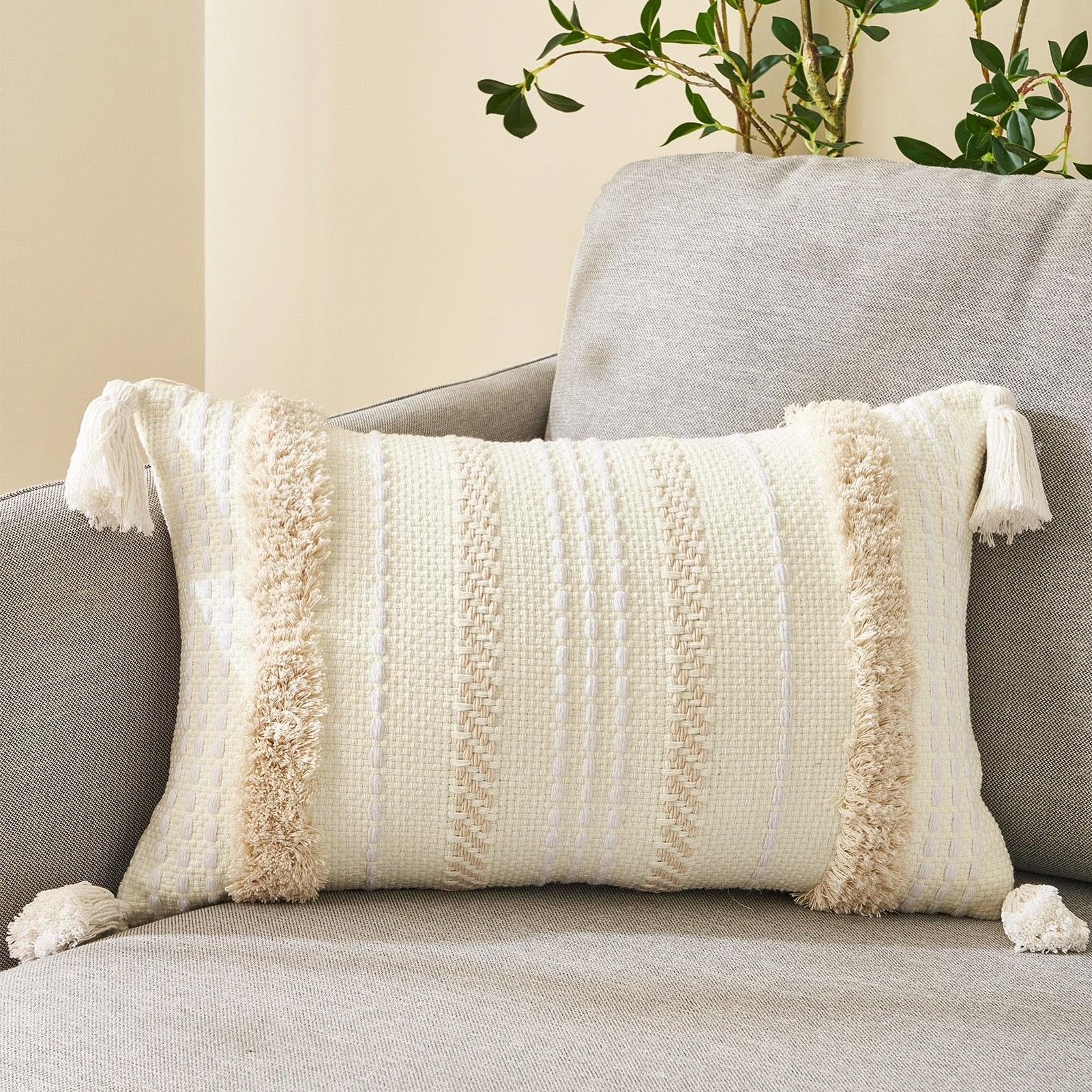 Cushion Cover Cotton Linen Pillowcase Tufted Beige Hand-Woven Throw Pillow Covers