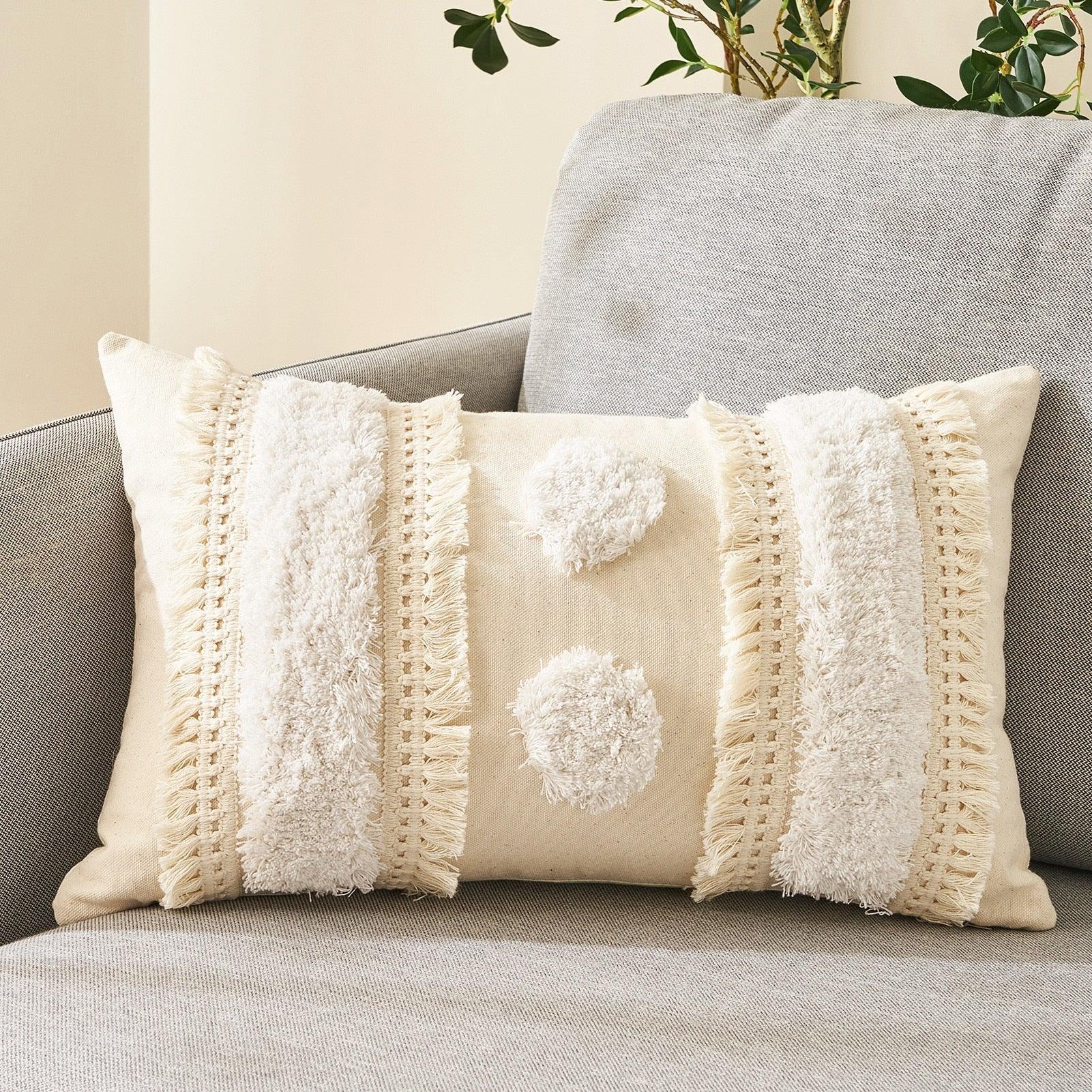 Cushion Cover Cotton Linen Pillowcase Tufted Beige Hand-Woven Throw Pillow Covers