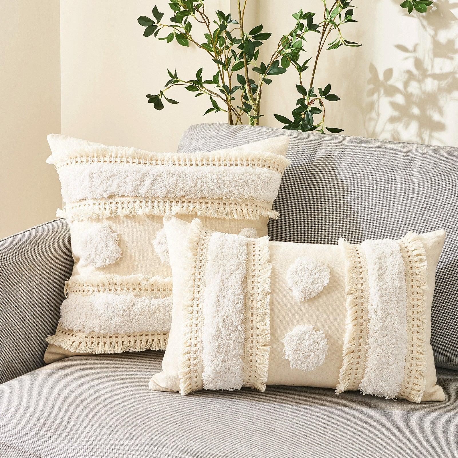 Cushion Cover Cotton Linen Pillowcase Tufted Beige Hand-Woven Throw Pillow Covers