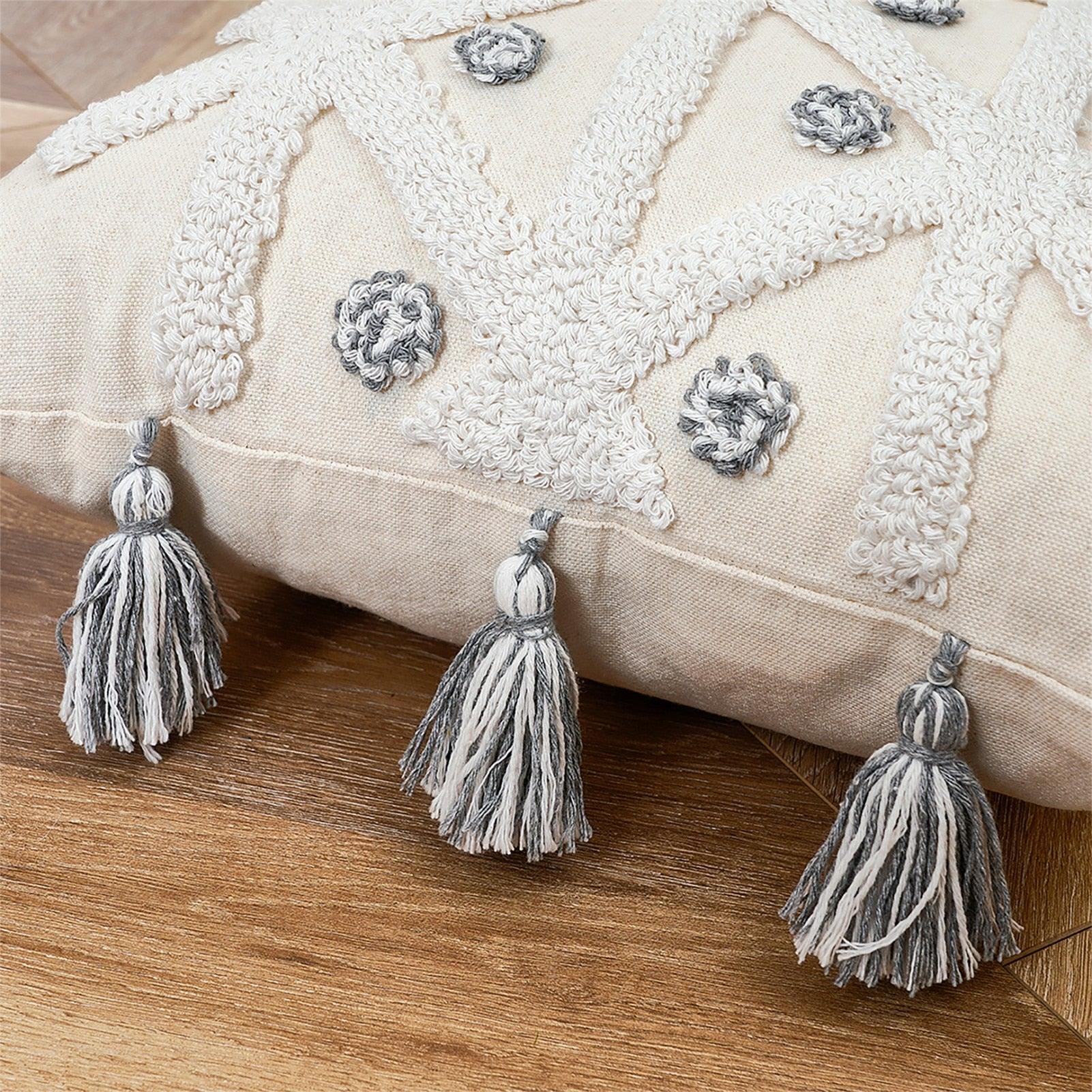 Cushion Cover Cotton Linen Pillowcase Tufted Beige Hand-Woven Throw Pillow Covers