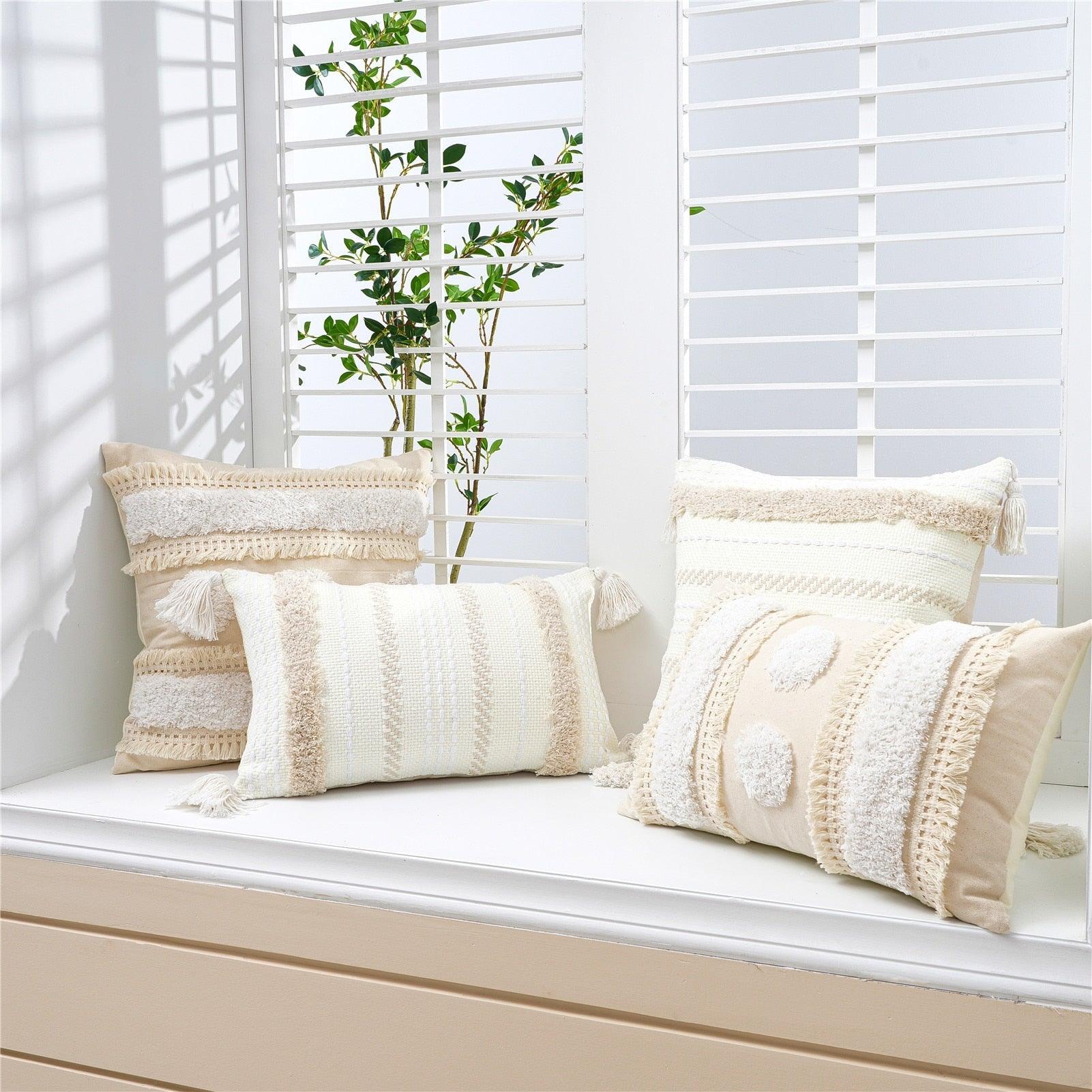 Cushion Cover Cotton Linen Pillowcase Tufted Beige Hand-Woven Throw Pillow Covers