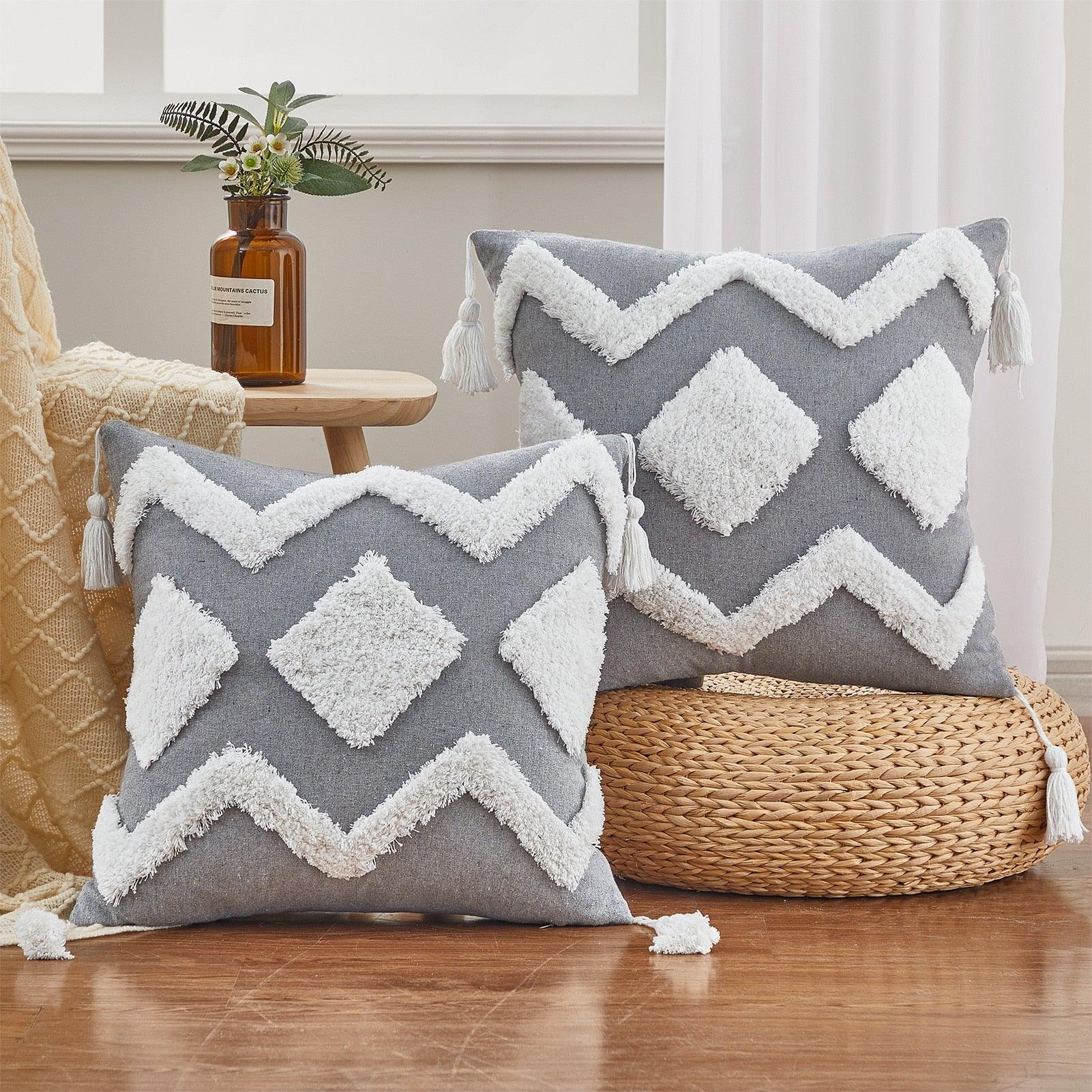Cushion Cover Cotton Linen Pillowcase Tufted Beige Hand-Woven Throw Pillow Covers