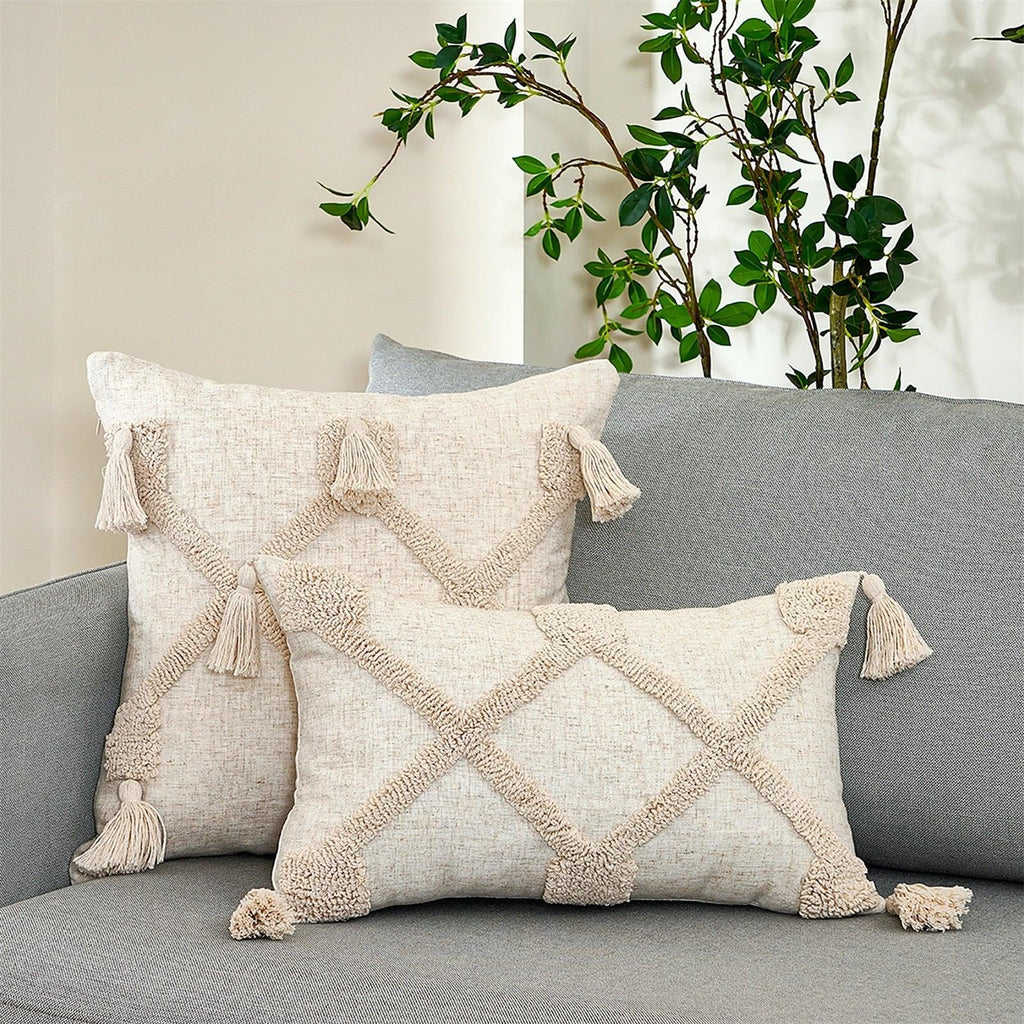 Cushion Cover Cotton Linen Pillowcase Tufted Beige Hand-Woven Throw Pillow Covers