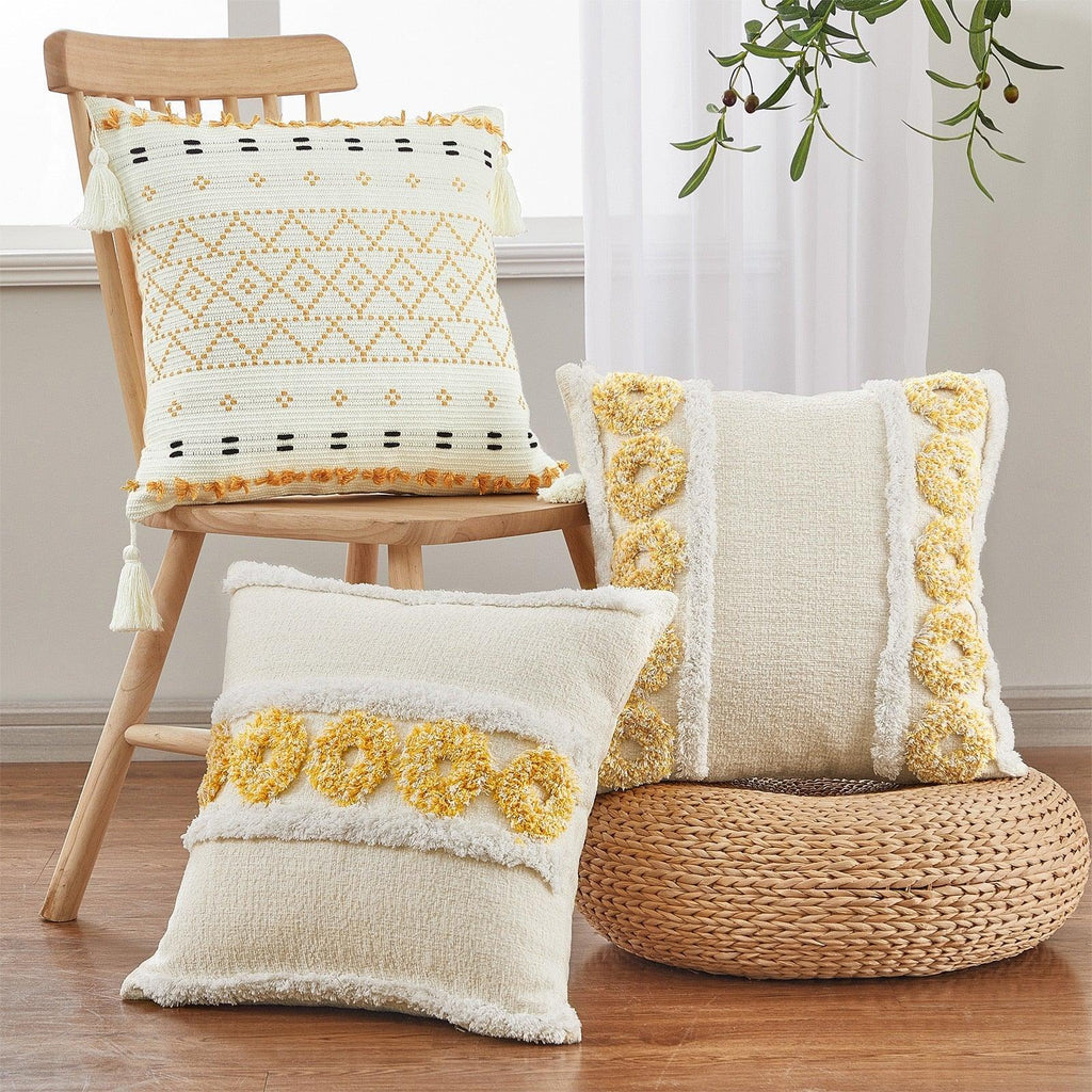 Cushion Cover Cotton Linen Pillowcase Tufted Beige Hand-Woven Throw Pillow Covers