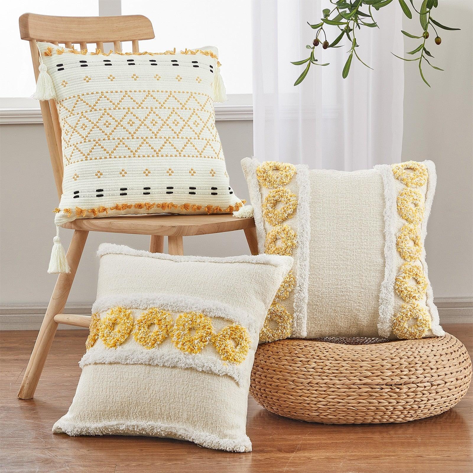 Cushion Cover Cotton Linen Pillowcase Tufted Beige Hand-Woven Throw Pillow Covers