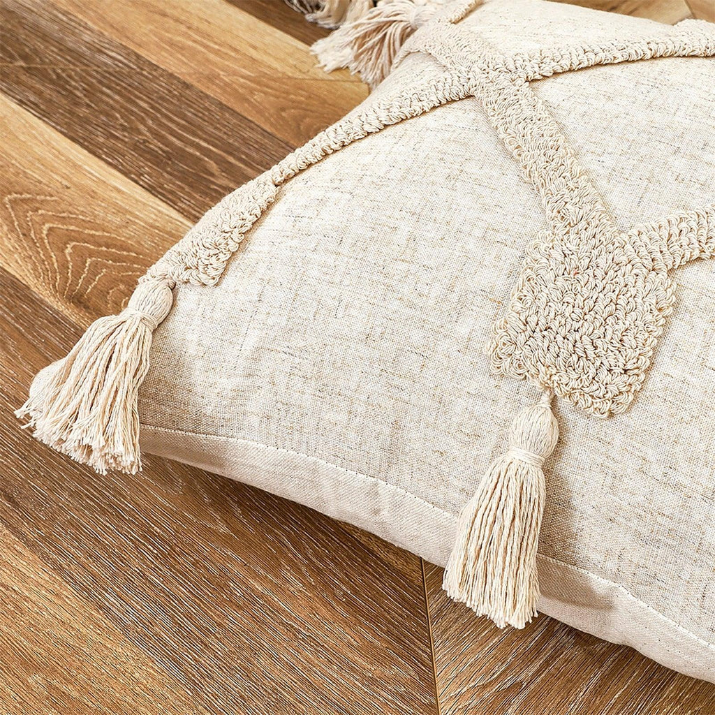 Cushion Cover Cotton Linen Pillowcase Tufted Beige Hand-Woven Throw Pillow Covers