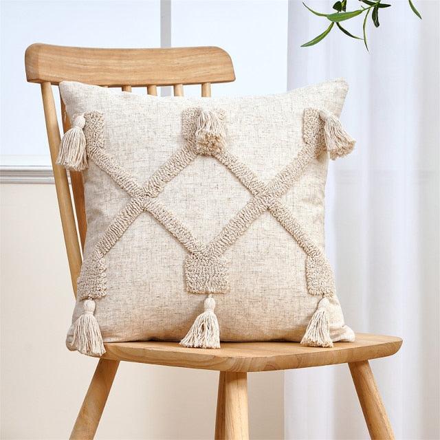 Cushion Cover Cotton Linen Pillowcase Tufted Beige Hand-Woven Throw Pillow Covers
