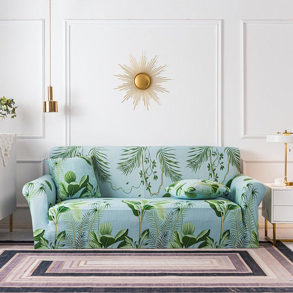 Plain Floral Print Sofa Cover Protector for 3 Cushion Sofa Cover with Separate Cushion Cover