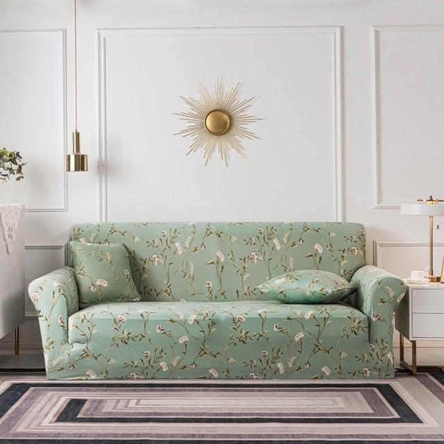 Plain Floral Print Sofa Cover Protector for 3 Cushion Sofa Cover with Separate Cushion Cover
