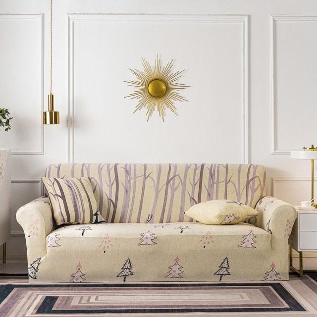 Plain Floral Print Sofa Cover Protector for 3 Cushion Sofa Cover with Separate Cushion Cover