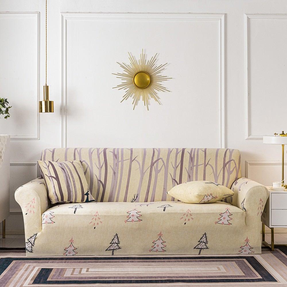 Plain Floral Print Sofa Cover Protector for 3 Cushion Sofa Cover with Separate Cushion Cover