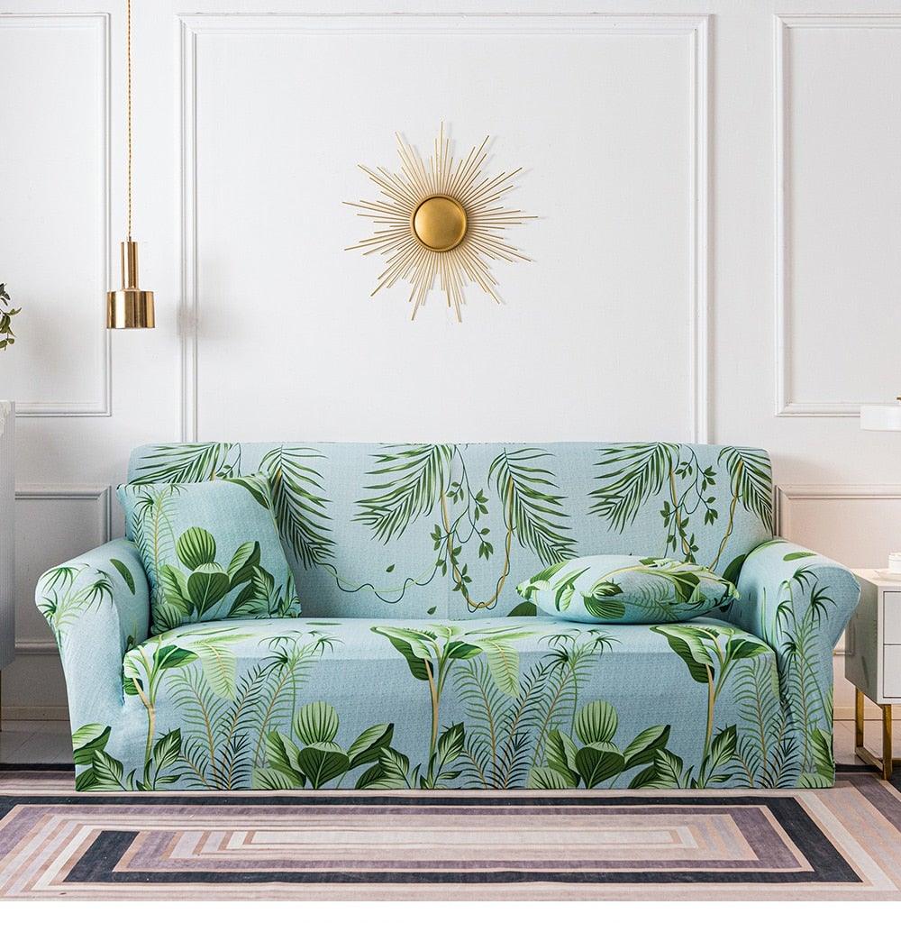 Plain Floral Print Sofa Cover Protector for 3 Cushion Sofa Cover with Separate Cushion Cover